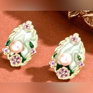 Enchanted Garden Pearl & Enamel Floral Stud Earrings